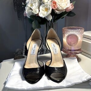 👠Like new Jimmy Choo Black Glitter Accent Pumps/Sandals.  US 7, IT 37.5.